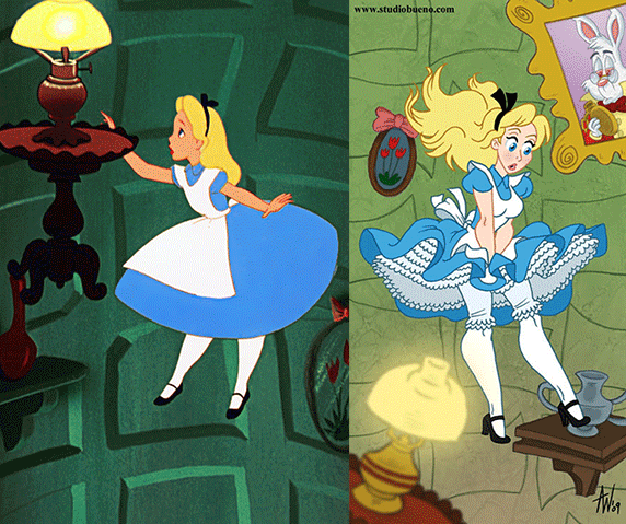 Side by side images of Alice Falling Down the Rabbit Hole form the 1951 movie and a mature alice from 2009