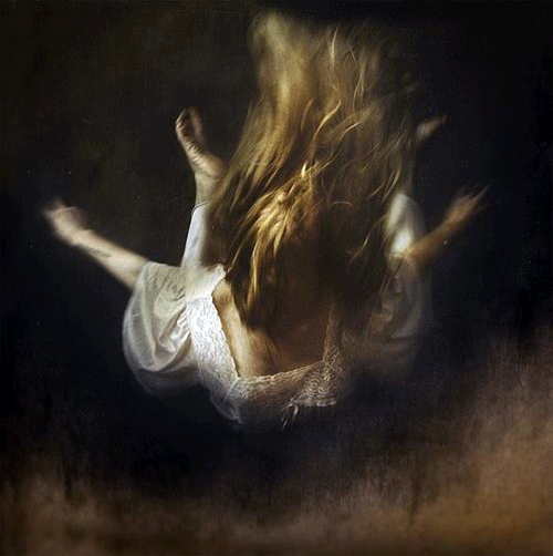 Realistic painting of a falling female figure